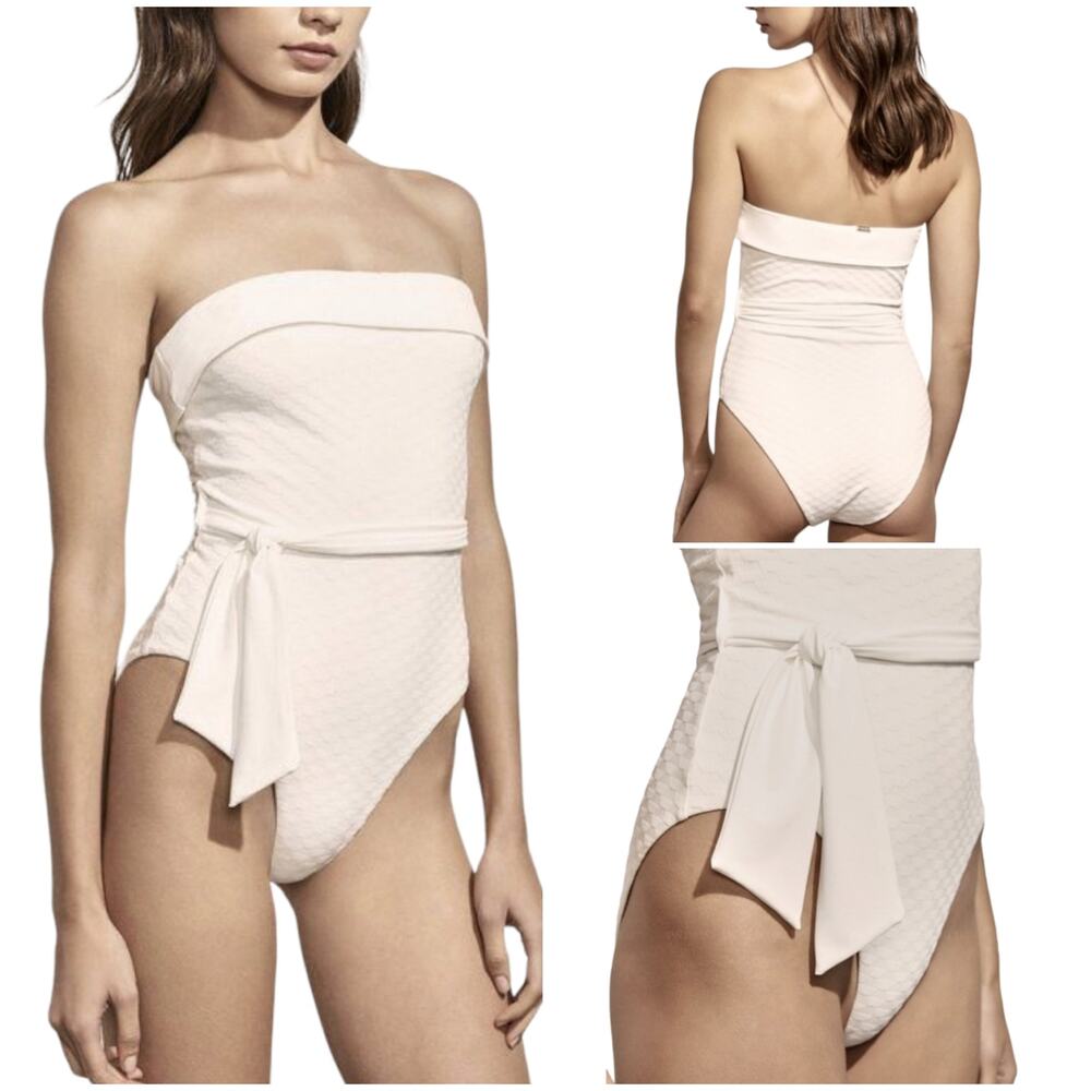 AMAIO Solene belted jacquard maillot one piece textured black luxe swimsuit Sz S - Picture 10 of 12